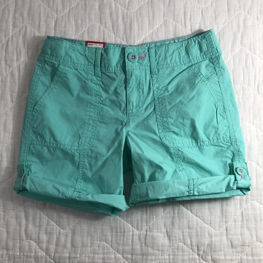 SO Shorts Girls 12 Aqua Blue Utility Bermuda Cuffed Adjustable Waist Mid Rise